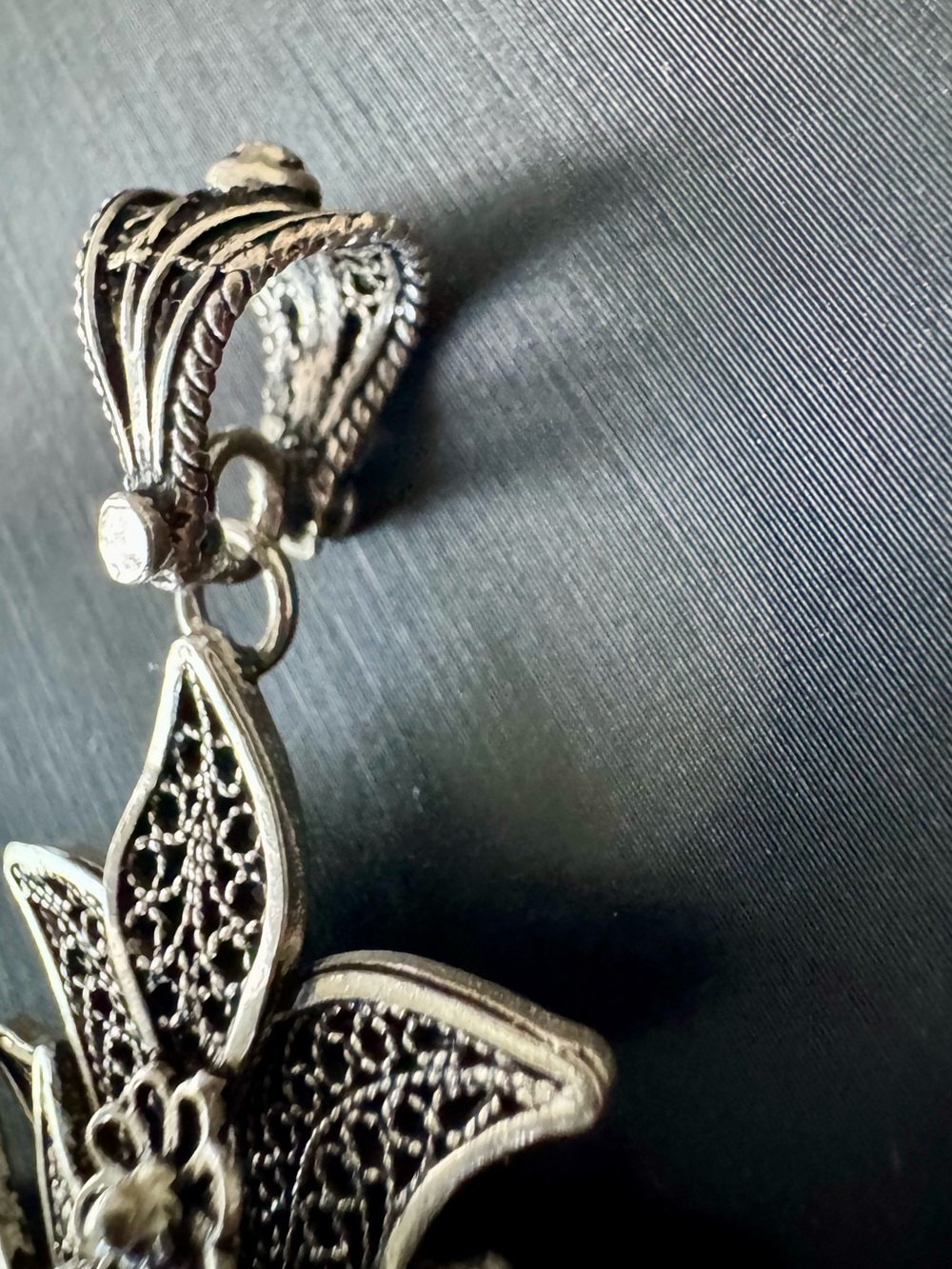 Turkey Sterling Silver Filigree Pendant with Mother of Pearl Cabochon - 2 3/4” - Picture 4 of 7